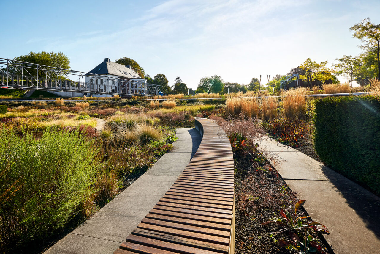 Bernepark Bottrop: Kurviger Holzsteg führt durch eine Gartenlandschaft mit Herbstpflanzen und einem Gebäude im Hintergrund.