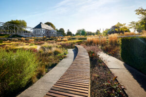 Bernepark Bottrop: Kurviger Holzsteg führt durch eine Gartenlandschaft mit Herbstpflanzen und einem Gebäude im Hintergrund.