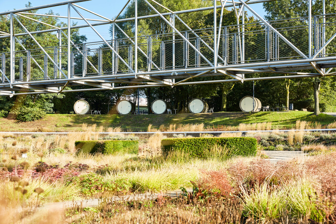Bernepark Bottrop: Eine moderne Brückenkonstruktion überquert einen gepflegten Park mit geometrischen Hecken und Gräsern.