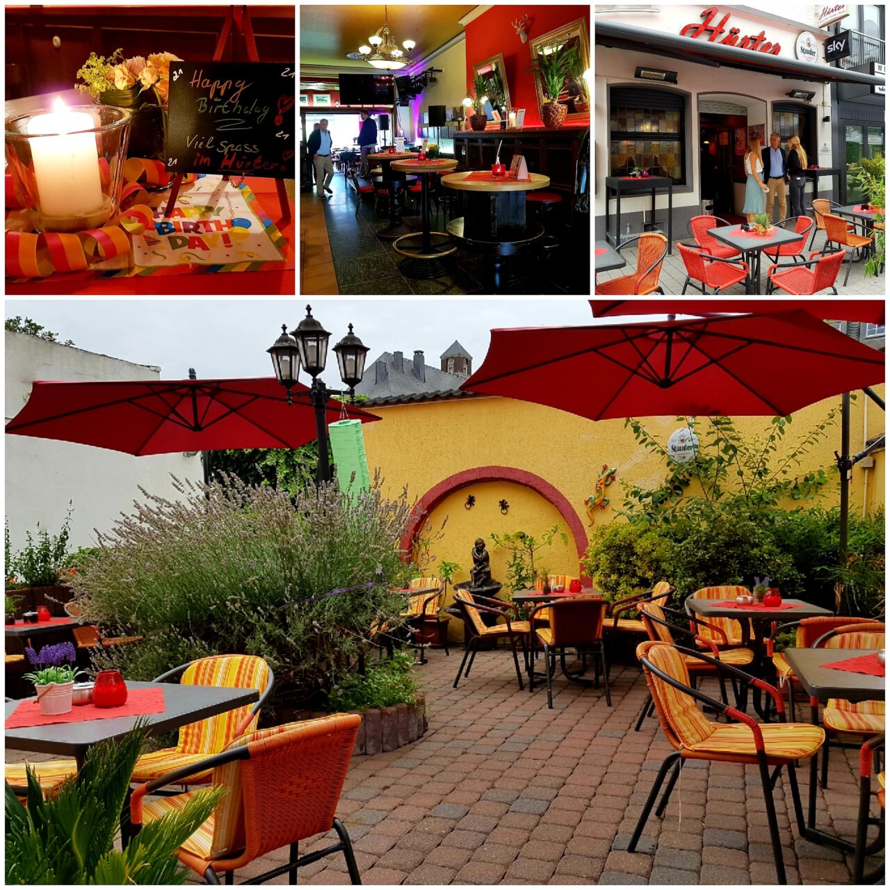 bottrop+huerter+bild02.jpg: Bunte Gaststube mit Innenbereich und gemütlichem Biergarten mit roten Sonnenschirmen in Bottrop