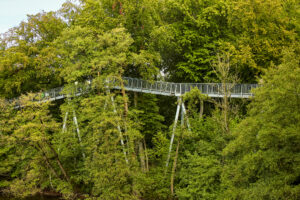 Freizeitpark Schloss Beck Bottrop: Metallbrücke führt durch dichtes, grünes Blätterdach im Freizeitpark Schloss Beck Bottrop.