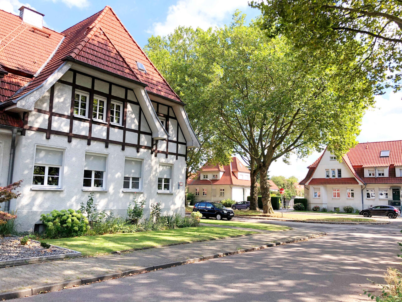 Gartenstadt Welheim, Bottrop: Straßenszene mit historischen Siedlungshäusern der Gartenstadt Welheim unter alten, grünen Bäumen.