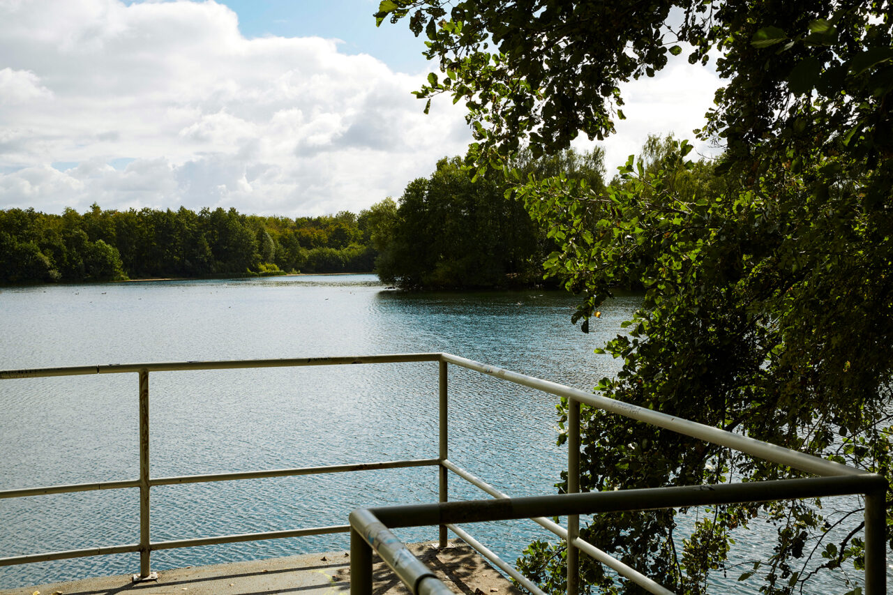 Heidesee Bottrop: Blick von einer Plattform auf einen ruhigen See, umgeben von Bäumen und bewölktem Himmel.