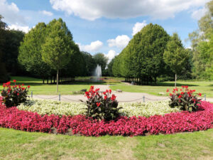 Stadtgarten, Bottrop: Blumenbeet mit roten und weißen Blüten vor einer Baumallee und einem Springbrunnen im Stadtgarten Bottrop