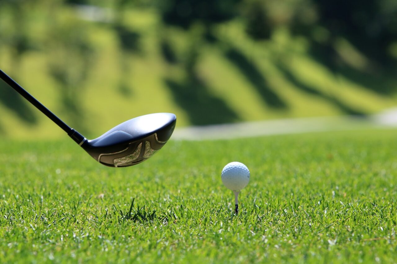 Stockfoto Golf: Golfschläger kurz vor dem Abschlag eines Balls auf gepflegtem Grün des Golfclubs Schwarze Heide.
